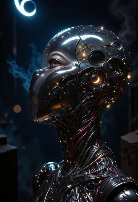 impressionist classical-style painting of a highly detailed, fantasy scene with a dramatic, robotic aesthetic. The central figure is a female robot. Her head and body are made of shiny and smooth metal with multi-colored, exposed wiring going down her neck creating an organic mosaic pattern. She is a biomechanical robot with Chrome Skinned and there are wires jacked into her face. Her cyclops eye is an intense silver color with light silver eyeshadow, and her lips are a rich, deep silver color. There is a missing panel on her cheek. A spot light focuses on her from above. She is bald and is blending in with the dark, smoky, nighttime background. She is facing you and looking up into the sky intensely. The overall impression is one of dramatic beauty, with an almost otherworldly quality. (((ultra-realistic style))), realistic soft lighting, dark, eye-catching, atmospheric lighting, natural, shallow depth of field, (highlights: 0.8), high detail (dynamic, cinematic shot, film grain, bokeh, depth of field,