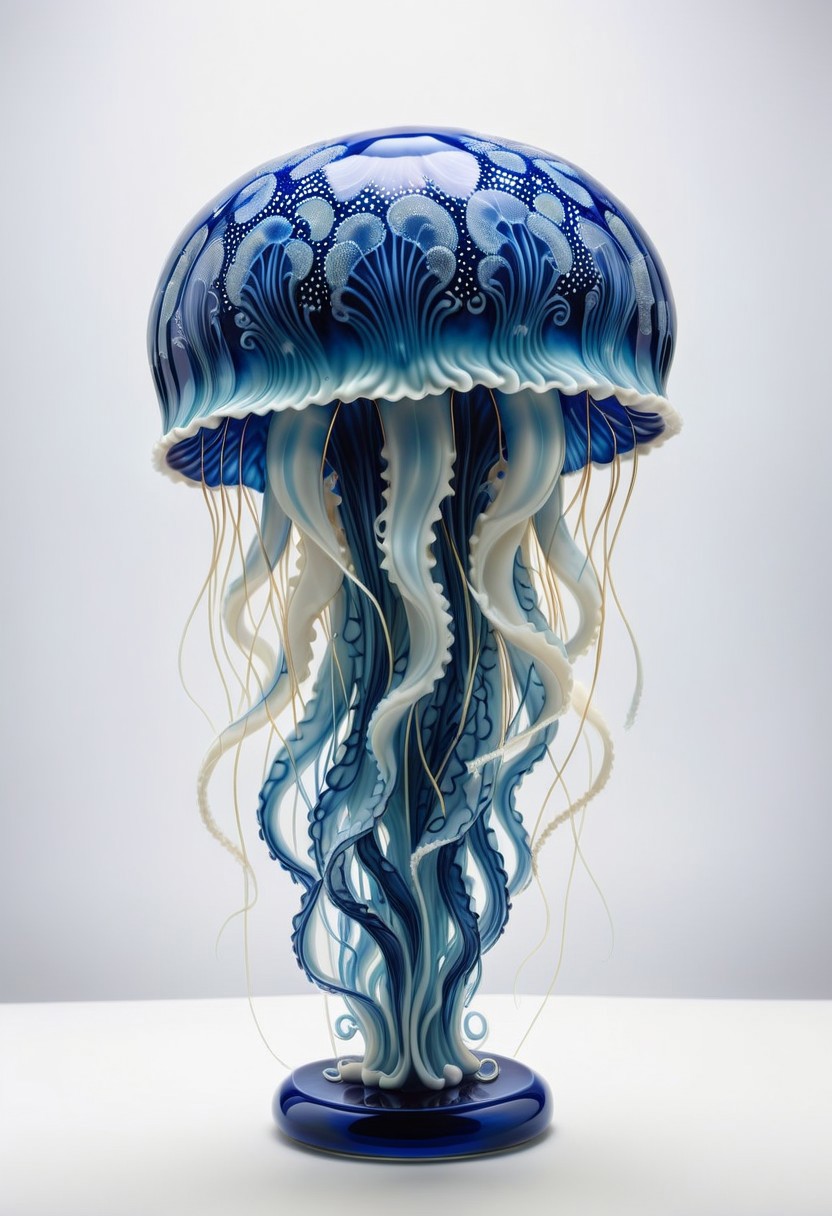 a  jellyfish made out of dvrscls covered in Bluepatternporcelain