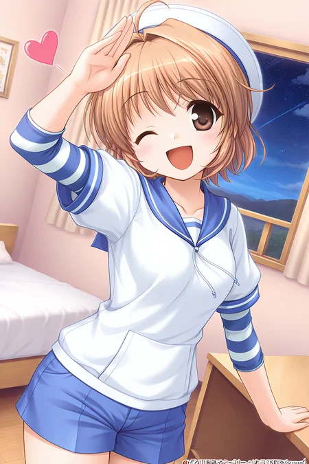 masterpiece, best quality, absurdres, official art, official style, rating general BREAK <lora:yuukikanade_IL_v1-1:0.7>, yuuki kanade, 1girl, solo, brown eyes, ahoge, light brown hair, short hair, hair intakes, small breasts,
sailor hat, white headwear, serafuku, sailor shirt, blue sailor collar, white shirt, short sleeves, pocket, long sleeves, short over long sleeves, striped shirt, striped sleeves, blue sleeve, blue shorts, short shorts, one eye closed, open mouth, heart \(marking\), collarbone, blush, ;d, salute, looking at viewer, cowboy shot, scenery, arm up, sunset, starry sky, night, window, dutch angle, cloud, standing, indoors, speed lines