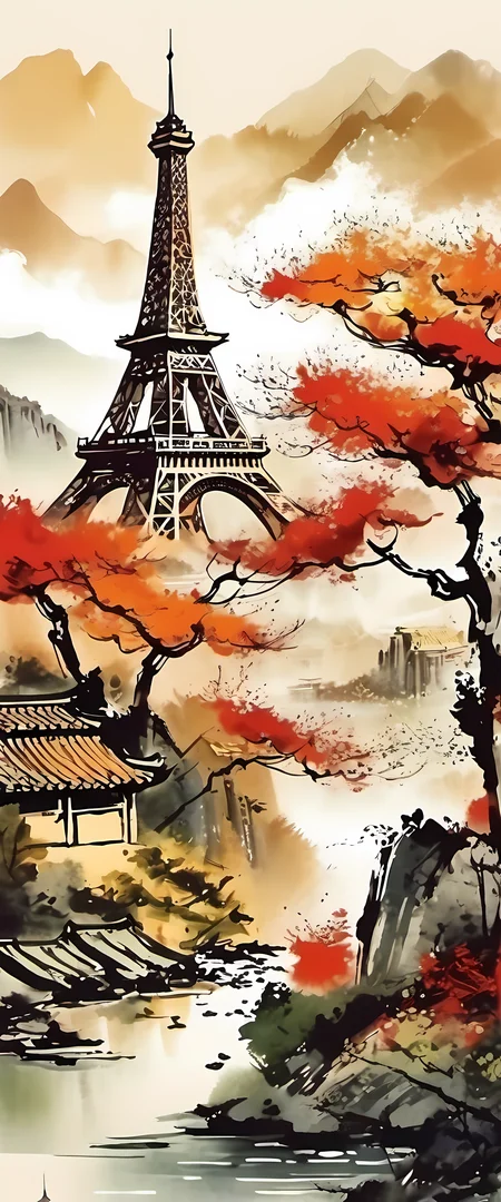 Eiffel Towe, chinese ancient, ink style, <lora:ink-xl-v1:1>
