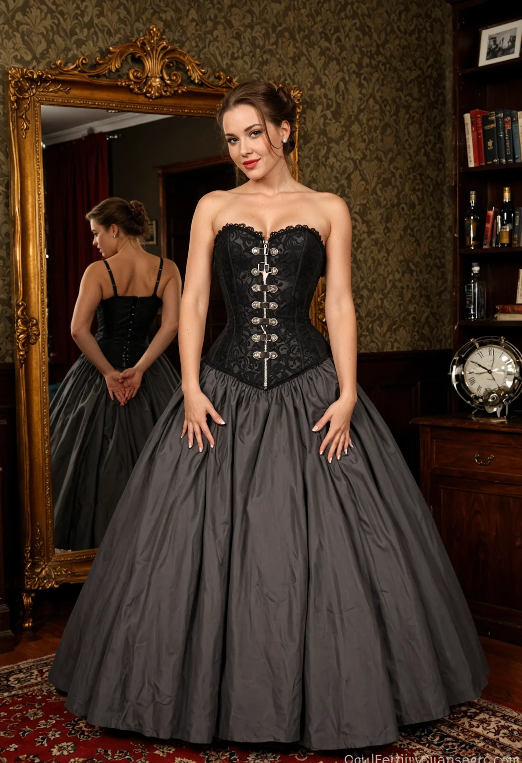 A captivating portrait pin-up piece, a beautiful young woman with an athletic build and a small bussom, beautifully adorning Versailles-inspired luxury corset ball gown in a decidedly extravagant setting. intricately sculpted into the design of the dress, accented with straps belts zippers chains buckles and laces, capture the effervescence of the swinging Seventies. Bear the quirky aesthetics of proper discosteampunk with a sophisticated waifucore twist, dressed in ambiance of retro glamour. Framing the stage, the pale-skinned model desires the eyes of countless spectators; curvaceous silhouette paying tribute to the seductive pin-up style, a woman possessing timeless charm beauty and elegance., <lora:sdxl_lightning_8step_lora:1.0>