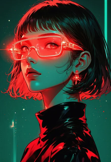 Futuristic portrait of a woman in cyberpunk style. Smooth facial features, strict black collar, minimalistic bob hairstyle with straight lines. Glowing red neon glasses creating a contrast with the deep green background. Neon accents and futuristic atmosphere emphasizing the cyberpunk style. Highly detailed with soft shadows and glossy skin effect