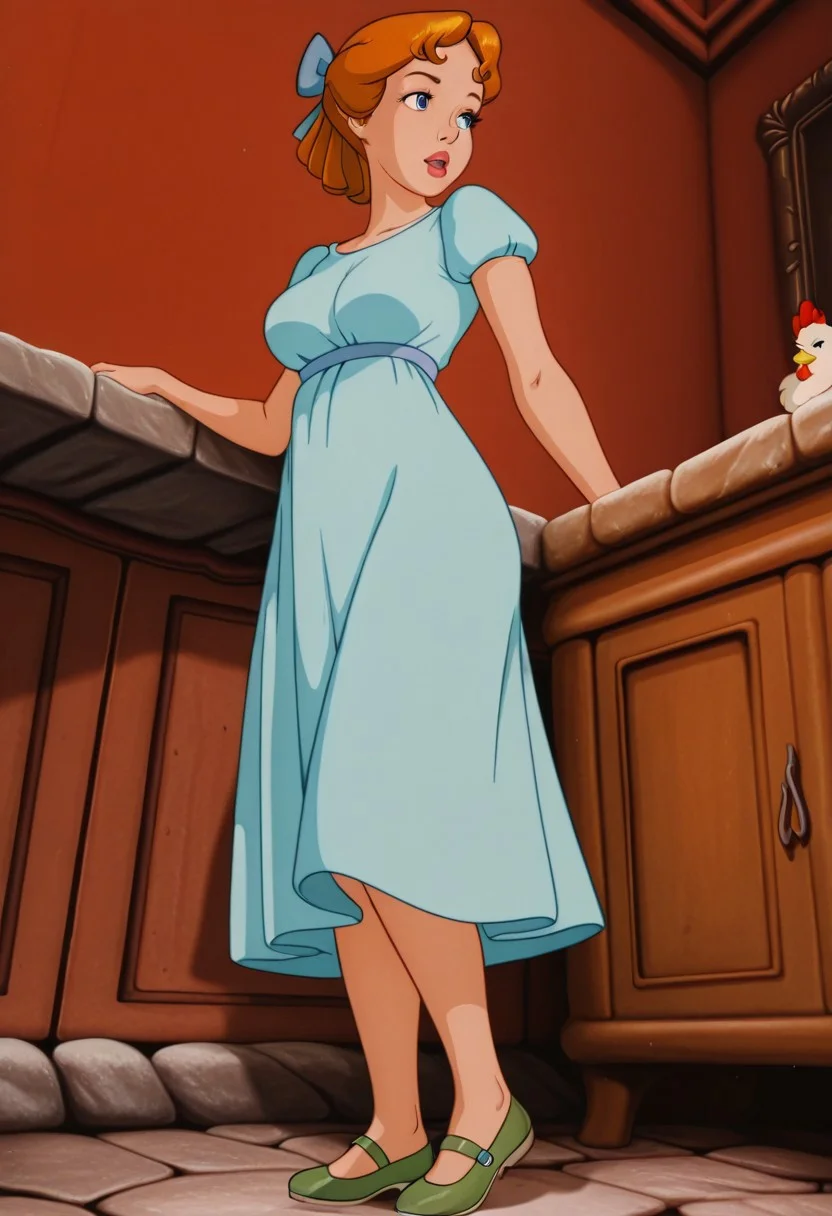 solo, illustriouslogan, official style, screencap,
WendyXL, brown hair, blue eyes, lipstick,
puffy sleeves, blue dress, short sleeves, hair bow, green shoes, mary janes, large breasts, standing, close up, from below, full body, indoor chicken, stone counter, red walls, brown flor, brown wall cabinet