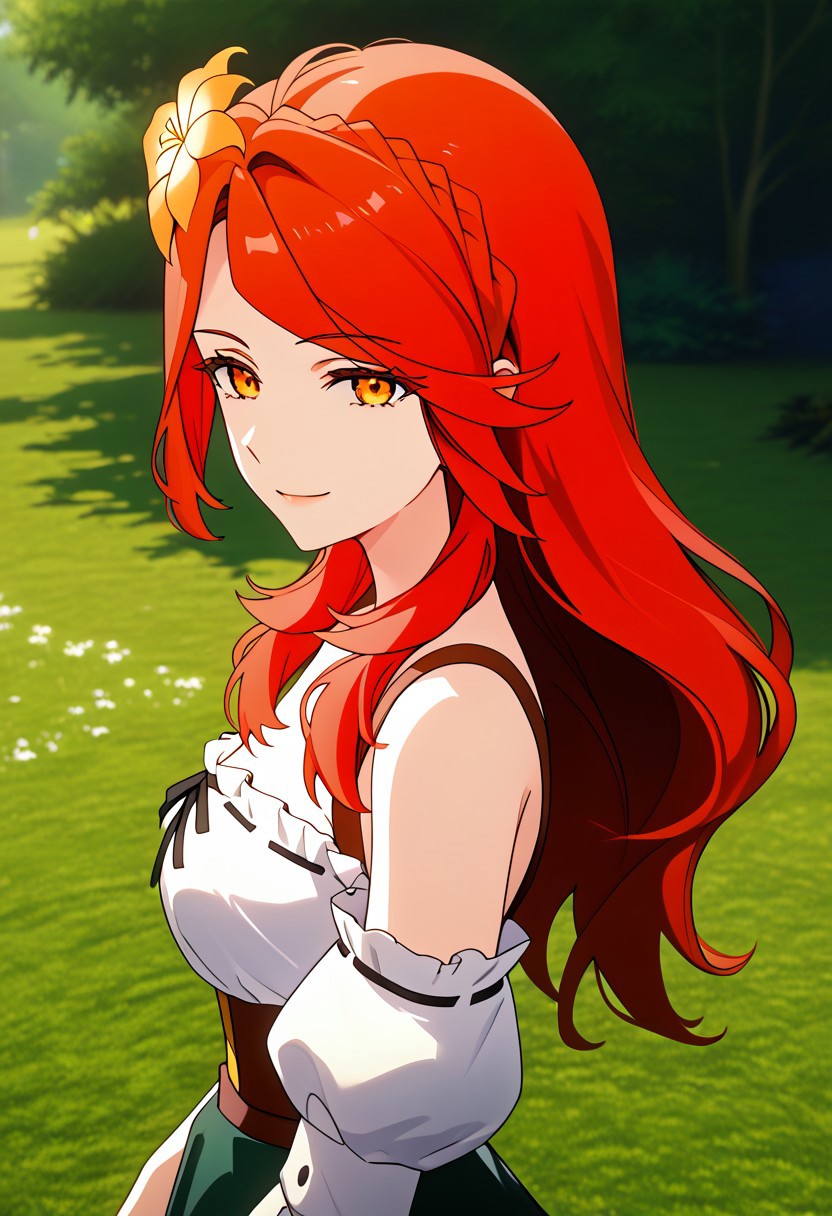 absurdres, 4k res, high quality, score_7_and_above, 1girl, solo, masterpiece, Lucrezia_UM, red hair, amber eyes, flower in hair, green skirt, portrait, seductive smile, highly detailed, side view, looking at viewer,