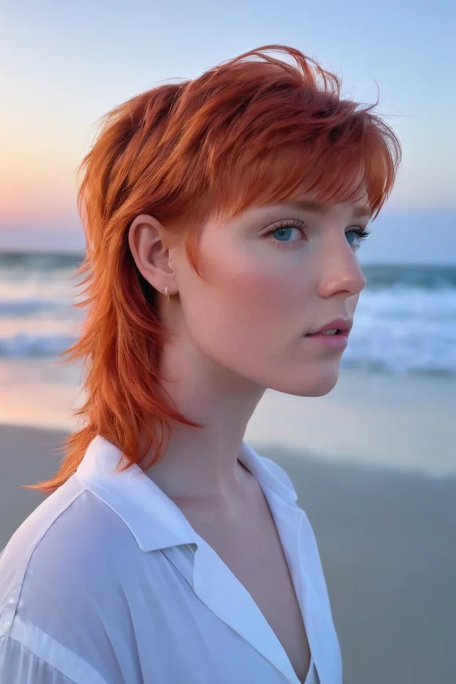 <lora:A_Mullet_Cut_SDXL_v3.1:1> mullet hair, masterpiece, realistic, 8k, (1woman), (light red head), dreamy epression, white shirt, at the beach, blue hour, (front view)