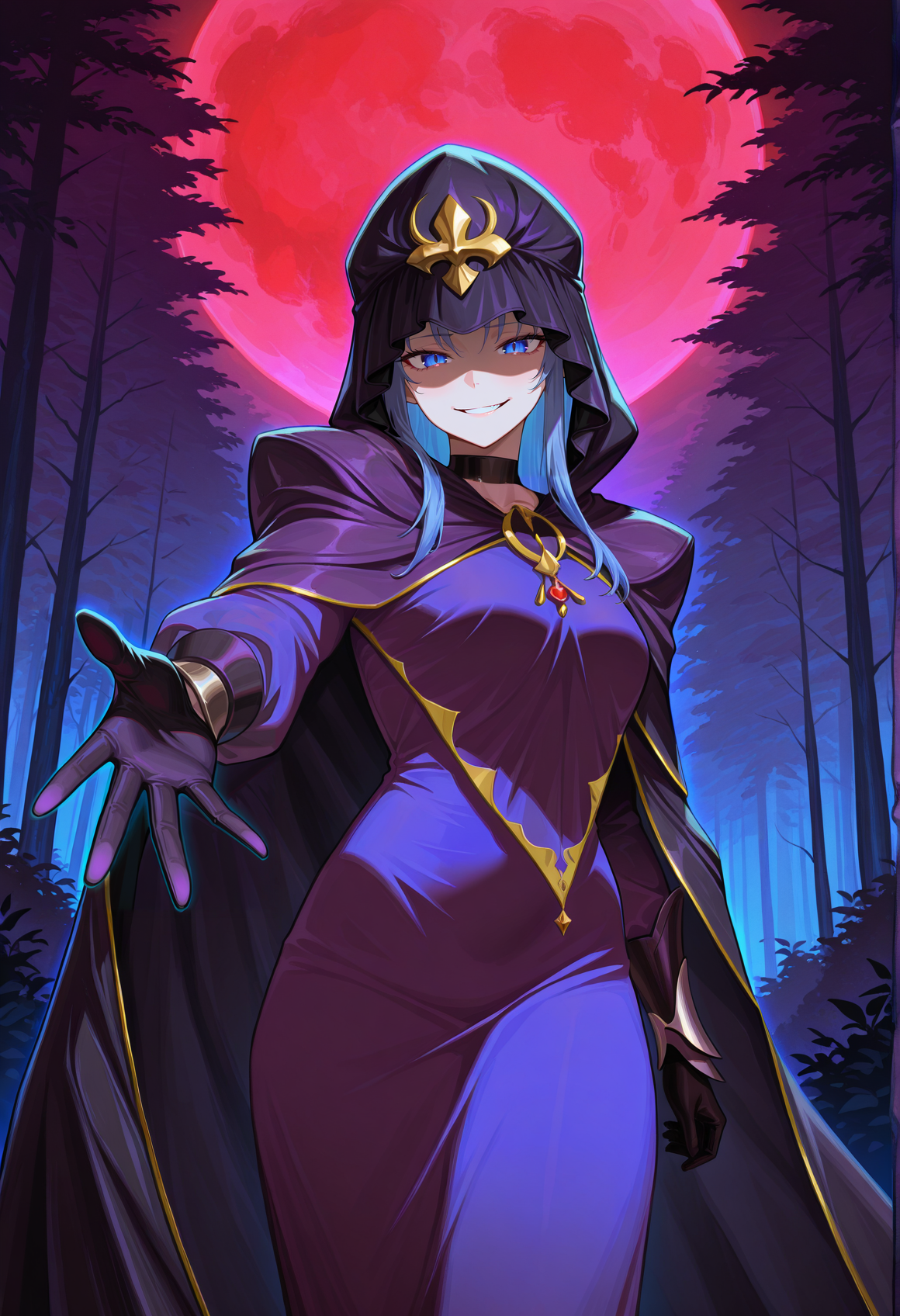 1girl, pointy ears, blue hair, long hair, braid, blue eyes, long dress, purple dress, black gloves, cape, hood, hood up, reaching towards viewer, evil smile, night, red moon, outdoors, forest, cowboy shot, side lsit  <lora:Medea_illus:1>, masterpiece, best quality, amazing quality, very aesthetic, absurdres, highres, newest