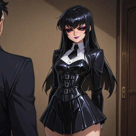 <lora:DarkfireStyle13:1>
1girl, black hair, long hair, makeup, freckles,
librarian transformed by night, now in a tailored, dark dominatrix outfit (leather corset and skirt), stern gaze and subtle smirk as she teasingly presents herself to 1boy, front view