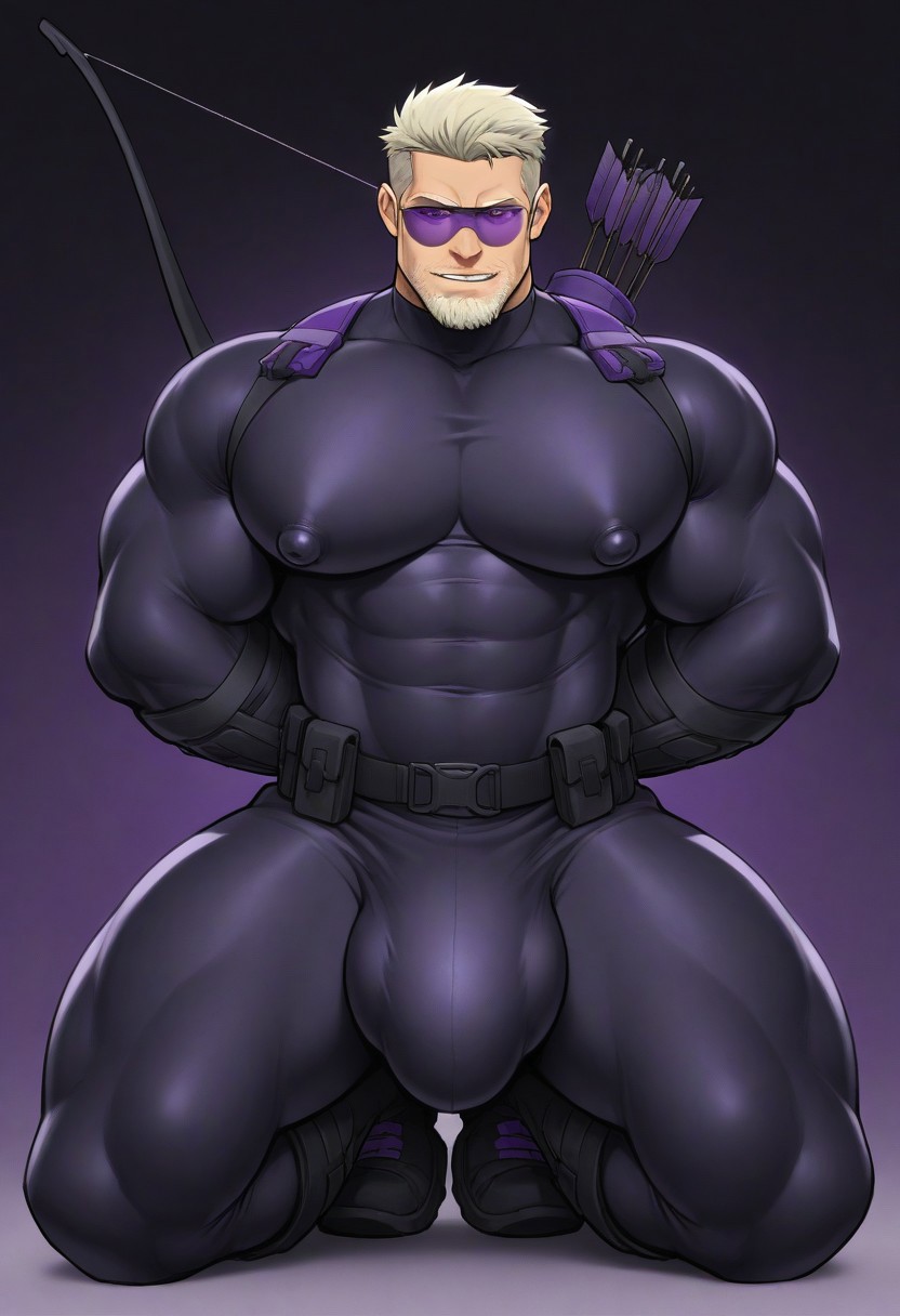Masterpiece, male, mature male, muscular male, light blond hair, short hair, Hawkeye, short, light blonde hair styled with a slight wave, a fair complexion, light stubble beard and mustache, sharp facial features, Tight shirt, big pectorals, huge nipples, nipple bulge, looking at viewer, lower view, full body view, huge breasts, big bulge, kneeling, arms behind back, hairy armpits, smirk, purple sunglasses, Purple and black costume (costume mostly black but purple on the front torso and details of his boots) grey Archery gear, Quiver on back, Bow in hand, Tactical belt, Arm guards, High boots, Superhero, Purple accents, Sleek design, Athletic build,