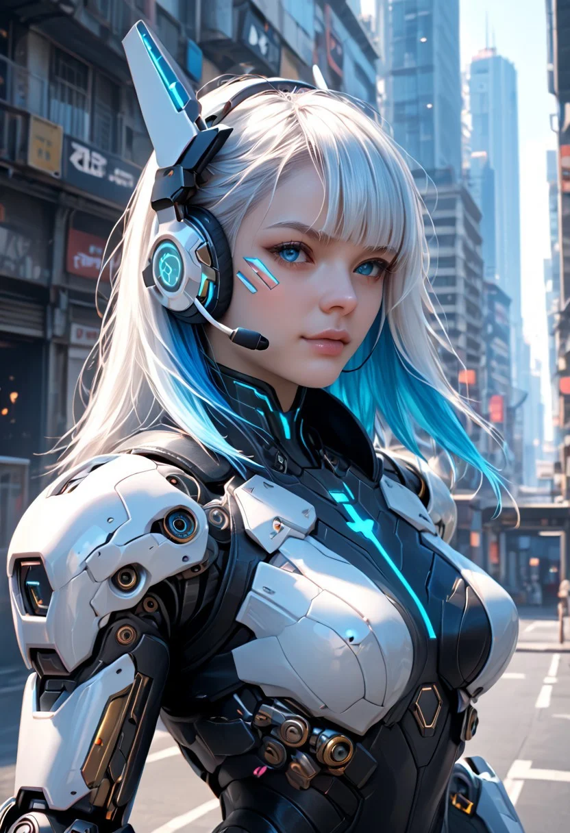 score_9, score_8_up, score_7_up, score_9, score_8_up, score_7_up, HD32K, 8K, absurdres, detailed photorealistic image, realistic skin texture, BREAK oriental girl, cyberpunk warrior, white power armor with glowing blue accents, cybernetic insides, white hair with bright blue highlights, bangs, targeting visor, cybernetic eye, headset, upper body portrait, robot joints, holes in armor, holding large pistol, futuristic cityscape, skyscrapers, towers, hyper-detailed, intricately detailed, night