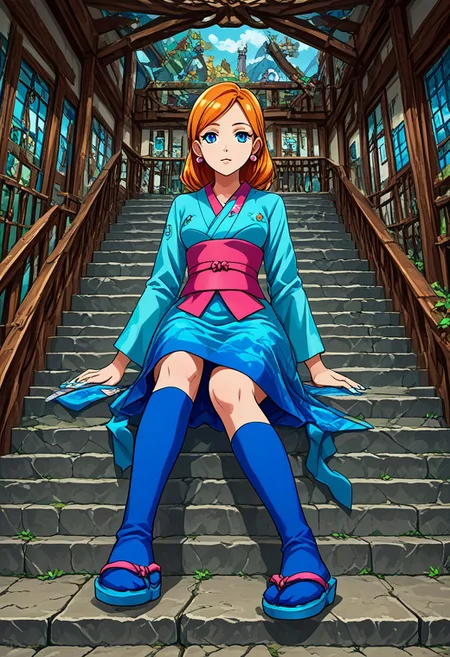1girl, solo, from_below, pov, sitting, on stairs, furilinnea, very_long_hair, orange_hair, earrings, blue_eyes, japanese_clothes, kimono, blue_kimono, sash, wide_sleevees, kneehighs, blue_socks, sandals, blue_footwear, blue_nails, masterpiece,amazing quality,very aesthetic,high resolution,ultra-detailed,absurdres,newest, ((anime style, source anime)), score_9,score_8_up,score_7_up,source_anime, anime_screencap, snes style