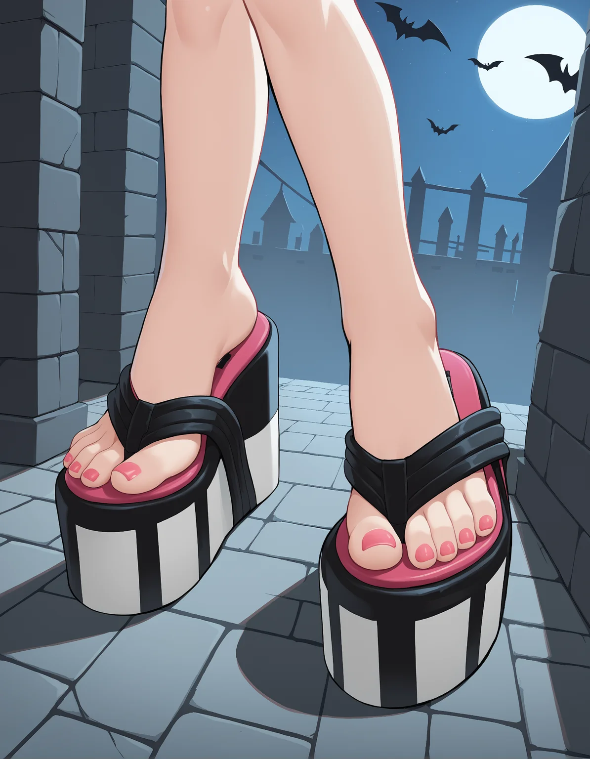 score_9, score_8_up, score_7_up, score_6_up, source_anime,
halloween scene, (from above:0.6), (from side:0.5),
foot focus,
1girl,
standing, feet apart,
dungeon, night dark, fog,
lag00na platform flip flops, (platform footwear:1.3), pink toenail polish,
embedding:zPDXLrl ,
embedding:zPDXL2 ,