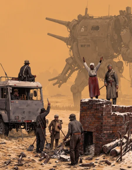 By Jakub Rozalski. A digital illustration shoot from the side about a post-apocalyptic scene depicting a group of people working in a rural area during sunset. the scene is set in a foggy, industrial environment with a large, imposing structure in the background. the sky is a hazy orange color, and the ground is covered in a thick layer of snow. on the left side of the image, a man is sitting on a vehicle, and on the right side, a woman is standing with her arms raised in triumph. the woman is wearing a white headscarf and a red skirt, and she is holding a shovel. in the foreground, a few men are standing around a brick structure, some of them are holding shovels, while others are standing on the ground. the men appear to be of different ages and genders, and they are all wearing hats and clothing. the overall atmosphere is one of chaos and destruction, with a sense of urgency and excitement.