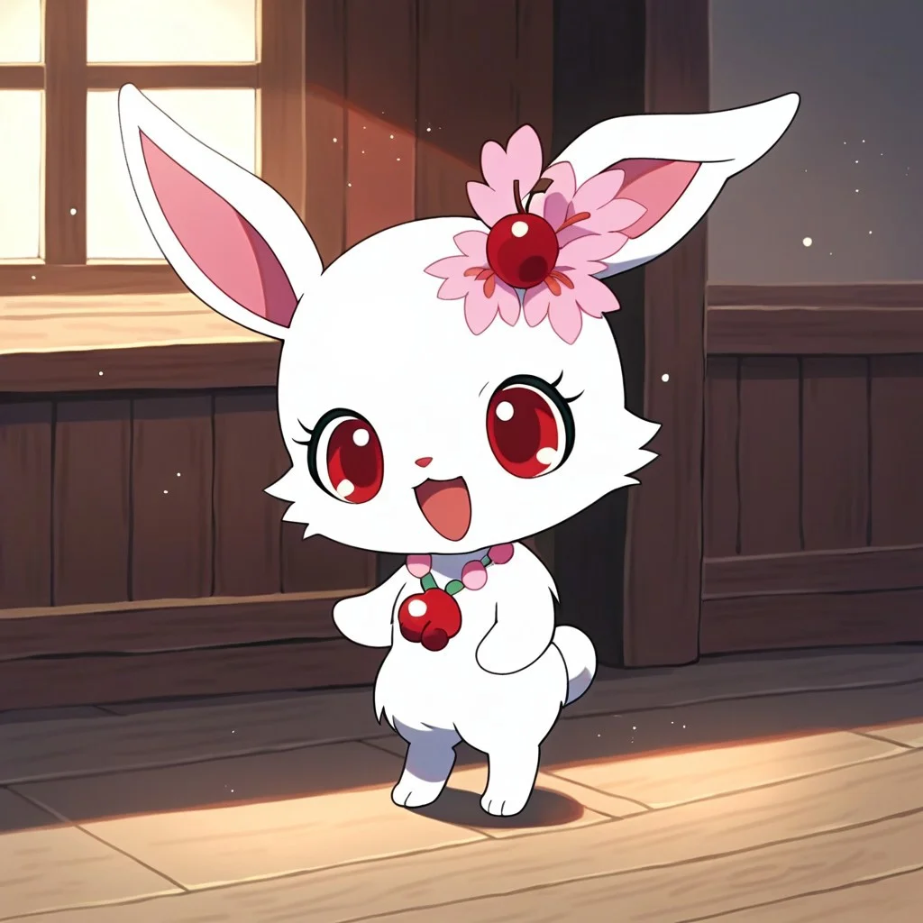 score_9_up, score_8_up, score_7_up,
indoors,
standing,Full Body,
no humans,animal,rabbit, jewel pet, ((solo,1girl,female)),center,Ruby,perfect ruby,(white fur,white body),((white color cheek fur)), red eyes,open smile mouth,
rabbit ears,white ears,paws,hair_accessory, 1 cherry blossom on bunny head,cherry blossom hair accessory,jewelry,necklace,cherries gem,cherries necklace,
looking_pleasured,smile,happy,chibi,