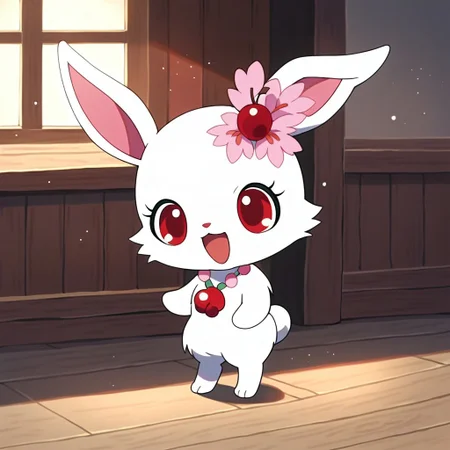 score_9_up, score_8_up, score_7_up, 
indoors, 
standing,Full Body,
no humans,animal,rabbit, jewel pet, ((solo,1girl,female)),center,Ruby,perfect ruby,(white fur,white body),((white color cheek fur)), red eyes,open smile mouth,
rabbit ears,white ears,paws,hair_accessory, 1 cherry blossom on bunny head,cherry blossom hair accessory,jewelry,necklace,cherries gem,cherries necklace,
looking_pleasured,smile,happy,chibi,