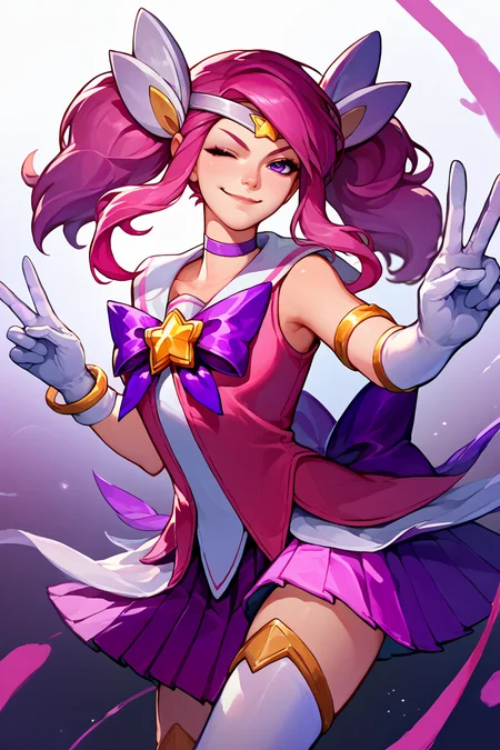 score_9, score_8_up, score_7_up, score_6_up, source_anime, 1girl, solo, <lora:lux-pdxl-nvwls-v1-000005:1> sglux, pink hair, purple eyes, twintails, hair ornament, tiara, choker, magical girl, sailor collar, pink tunic, bow, purple miniskirt, white thighhighs, white gloves, elbow gloves, abstract background, gradient background, looking at you, peace sign, wink, smirk