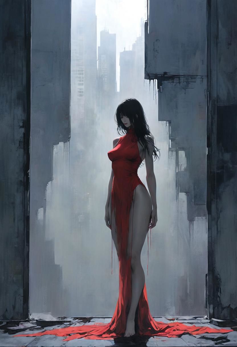 Dark art, chdmchlwrd, glimpse of scarlet color in the far, 80s DARK dystopian Flair, Lowlight dark Pastel Tone, Busty naked Motoko Kusanagi, Pale slim, Long Hair, See through dress, Body Silhouette, Large hall in skyscraper, huge Window to the ceiling, Rear View, Grey DARK color palette, Point of old orange in the far, 80s DARK dystopian Blade Runner Flair, Lowlight dark Pastel Tone, very Detailed, awesome Quality, reflecting, luminescent, translucent, Ethereal, Aura, Natural naked ergo proxy with freckles, See through dress, Body Silhouette, rainy dystopian Megacity through Window, overslept, shy questioning Look from below, underboob, puffy nipples, giga_busty, Wooly corduroy skirt, high wool stockings, very detailed, uhd, masterpiece, White smoke, light beams through smoke,
