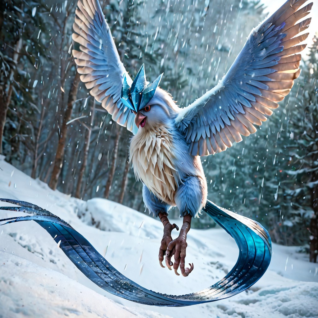 score_9, score_8_up, score_7_up, score_6_up, solo, articuno, pokemon (creature), feral, avian, bird, bipedal, blue body, blue feathers, detailed feathers, realistic feathers, talons, long tail feathers, icy crest feathers, small beak, red brown eyes, white sclera, large wings, flying, in air, snowing in background, arctic, dynamic angle, cinematic, photorealistic, real life