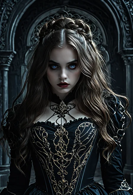 Gothic style <lora:Alice Prin OC-000005:1>,Alice Prin,1girl, . Dark, mysterious, haunting, dramatic, ornate, detailed