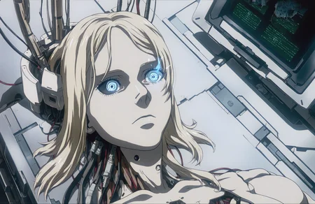 anime screenshot, masterpiece, 8k, high res, best quality,
1girl, Project 2501, blonde, artificial eye, blue eyes, lying on table, operating table, monitor, science fiction,ambient cinematic lighting, robot joints, android, cyborg, expressionless, damaged, mechanical parts, wire, highly detailed eyes, glowing eyes,
<lora:GITS Illustrious:0.9>