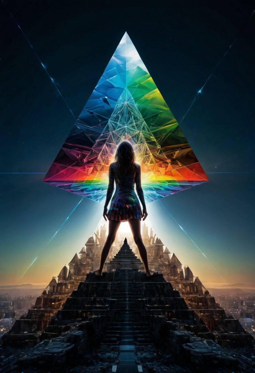 Album cover, mysterious silhouette woman, (light rays, shining on pyramid prism, splitting in rainbow colours, dark side of the moon), goddess, alluring, by Minjae Lee, Carne Griffiths, Emily Kell, Steve McCurry, Geoffroy Thoorens, Aaron Horkey, Jordan Grimmer, Greg Rutkowski, amazing depth, double exposure, surreal, geometric patterns, intricately detailed, bokeh,  perfect balanced, deep fine borders, artistic photorealism , smooth,  great masterwork by head of prompt engineering   <lora:add-detail-xl:2>  <lora:Double_Exposure:0.5>