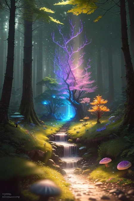 masterpiece, best quality, high quality,extremely detailed CG unity 8k wallpaper, An enchanting and dreamy scene of a fantasy forest, with towering trees, glowing mushrooms, and hidden fairy glens, creating a sense of mystique and enchantment, artstation, digital illustration, intricate, trending, pastel colors, oil paiting, award winning photography, Bokeh, Depth of Field, HDR, bloom, Chromatic Aberration ,Photorealistic,extremely detailed, trending on artstation, trending on CGsociety, Intricate, High Detail, dramatic, art by midjourney