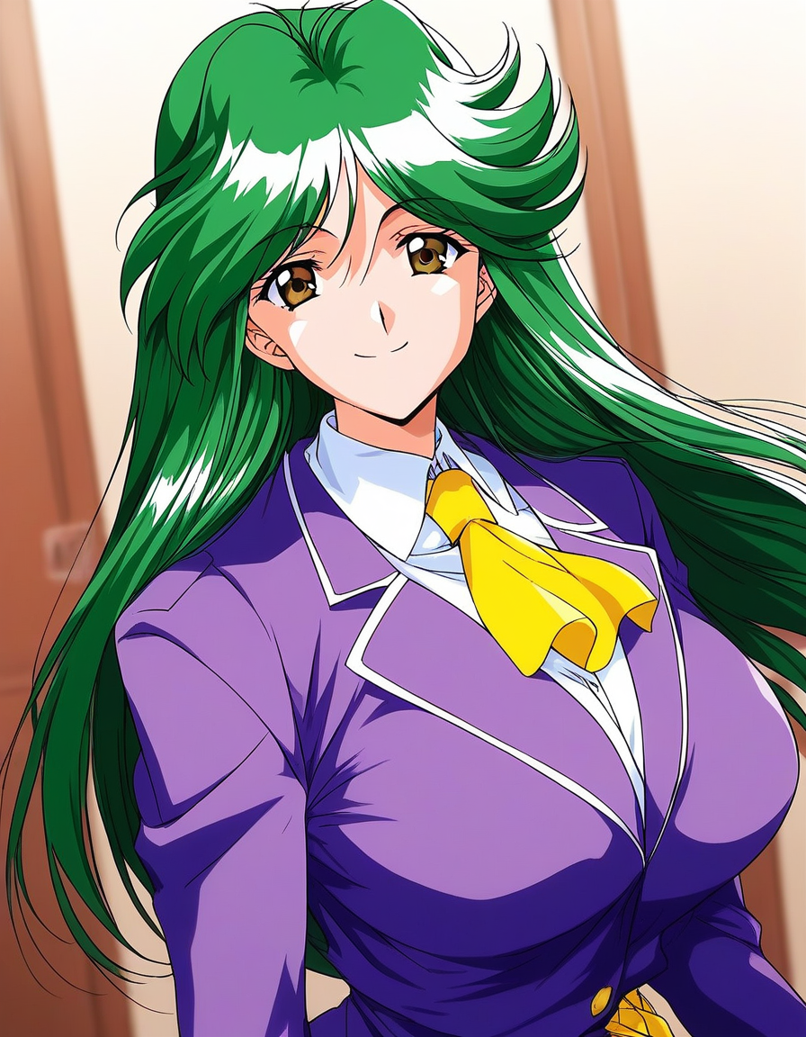 score_9, score_8_up, score_7_up, source_anime, rating_explicit, BREAK  <lora:Asou_Kasumi_XL:1> AsouKasumi, solo, green hair, long hair, brown eyes, large breasts, bangs,
purple jacket, Yellow ascot, upper body, looking at viewer,
smile,
class room,
looking at viewer, 
cowboyShot,