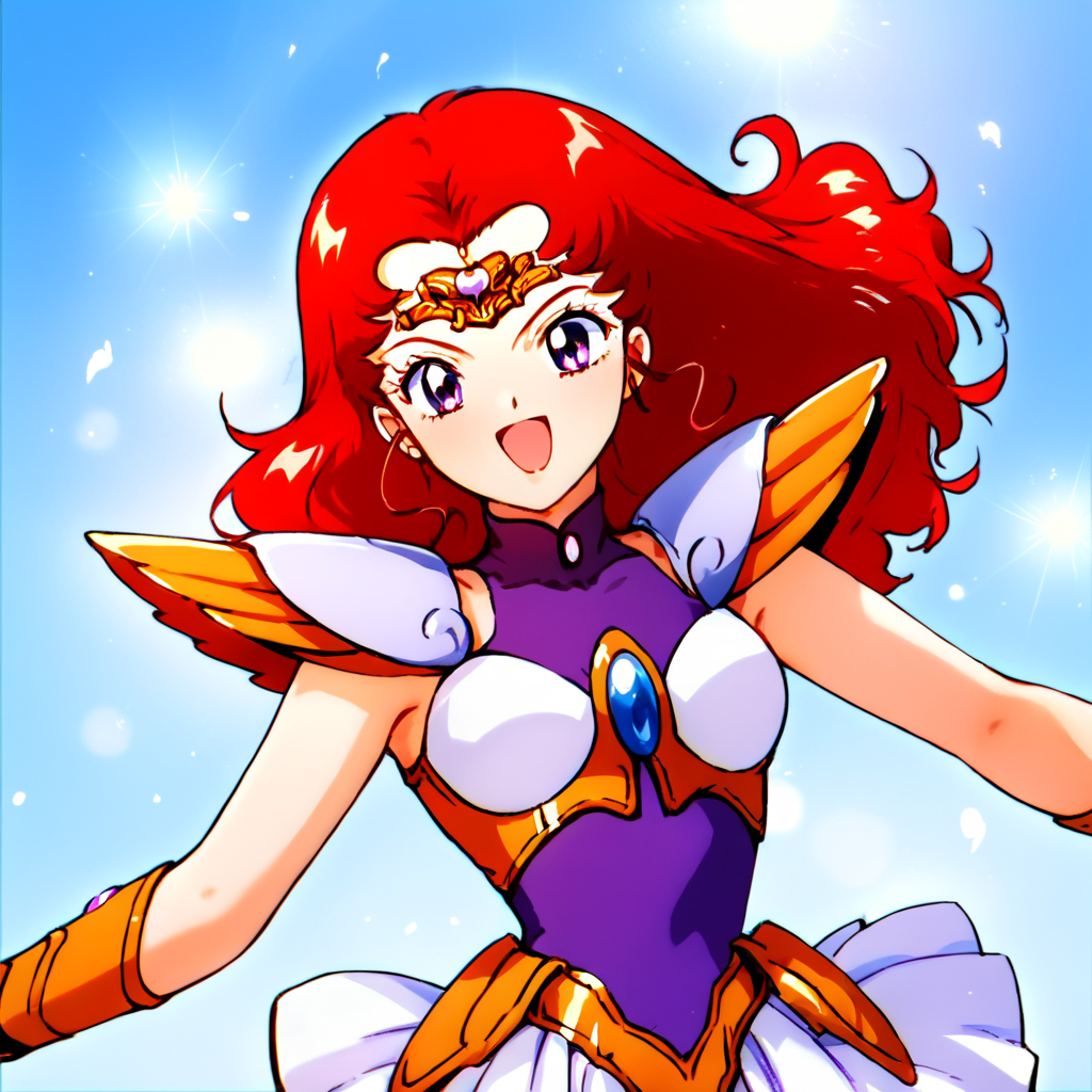 score_9, score_8_up, score_7_up, score_6_up, score_5_up, score_4_up, source_anime, , Engel_Salvia, long hair, red hair, purple eyes, armor, white skirt, , dynamic pose, happy
