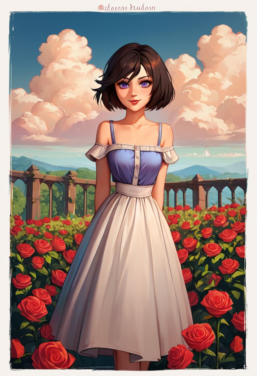 score_9, score_8_up, score_7_up, score_6_up, score_5_up, girl, Elizabeth (Bioshock), black hair, short hair, purple eyes, blue sundress, off shoulder, skinny, look at viewer, pale skin, tiny waist,  petite, innocent, small body, coy smile, medieval dress, rose, rose garden with cloudy sky, flying city, Sharp details Insane quality, Insane resolution, Insane details, Masterpiece, 32k resolution, epic Photo