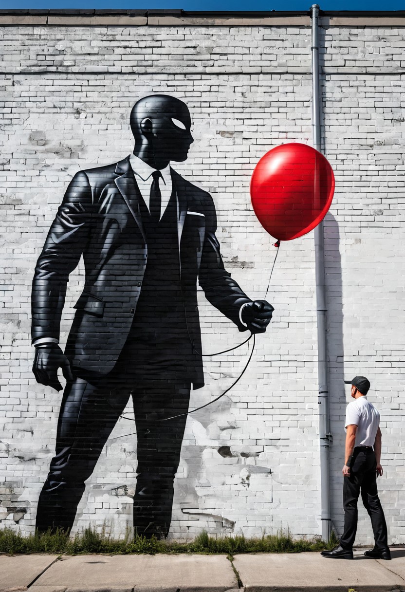 realistic street art, cinematic mural, dynamic composition, red balloon, black silhouette, science fiction creature, dramatic lighting, fine arts influence, bold linework, expressive gesture, urban decay, white brick wall, graphic novel style, historical and surreal themes, stylized anatomy, street storytelling, intense visual narrative
