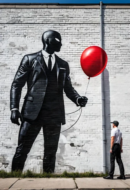 realistic street art, cinematic mural, dynamic composition, red balloon, black silhouette, science fiction creature, dramatic lighting, fine arts influence, bold linework, expressive gesture, urban decay, white brick wall, graphic novel style, historical and surreal themes, stylized anatomy, street storytelling, intense visual narrative