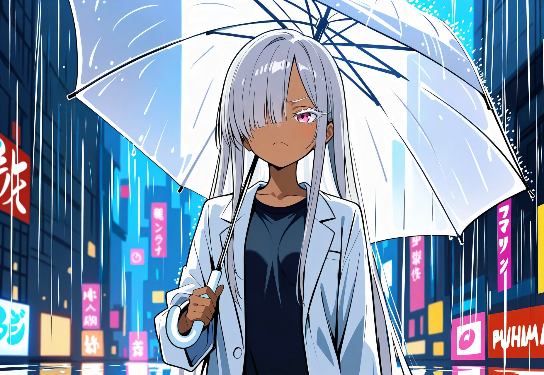 safe_pos, safe_pos, masterpiece,best quality,amazing quality,  Anime stil, Anime Screenshot, Anime art, anime colors, small breast, , 1girl
'
masterpiece, absurd, long straight hair, completely ash-gray hair, clear lightreddish pink eye, slim, petite, , small stature, small breast,  ultra detailed eyes,  side bangs, her left eye covered by hair, white eyelashes, white eyelashes, tanned, white lab coat,

in city, walking, heavy rain,upper body, holding umbrella, annoyed face