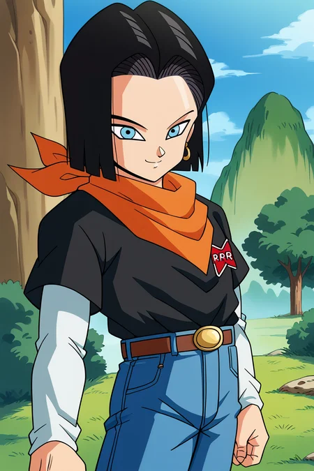 score_9,score_8_up,score_7_up, score_6_up, BREAK, android 17,1boy,solo,upper body,mount paozu, blue sky, cloud, grass,thin mountain, cliff, bush,outdoors, black hair,short hair, light blue eyes, black t-shirt, short over long sleeves, blue jeans, orange bandana, smile,looking at viewer, closed mouth, white sleeves,brown belt,gold belt buckle,red badge, rr,yellow earrings, (from side:0.7), <lora:MountPaozuPony:1> <lora:Android17Pony:1>