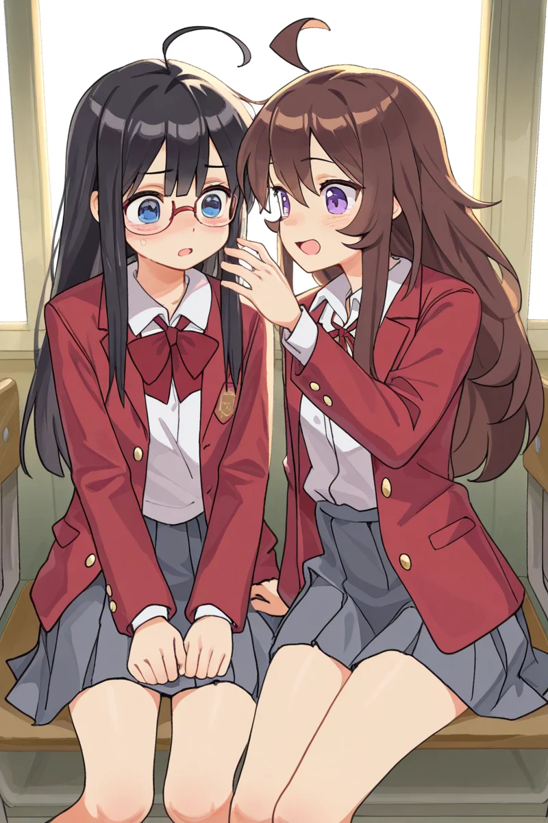 masterpiece, best quality, amazing quality,
<lora:Lango_IL:1> lango, multiple girls, 2girls, glasses, school uniform, purple eyes, brown hair, skirt, shirt, white shirt, long hair, black hair, red jacket, jacket, ahoge, blue eyes, sitting, open mouth