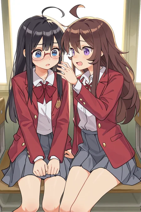 masterpiece, best quality, amazing quality,
<lora:Lango_IL:1> lango, multiple girls, 2girls, glasses, school uniform, purple eyes, brown hair, skirt, shirt, white shirt, long hair, black hair, red jacket, jacket, ahoge, blue eyes, sitting, open mouth