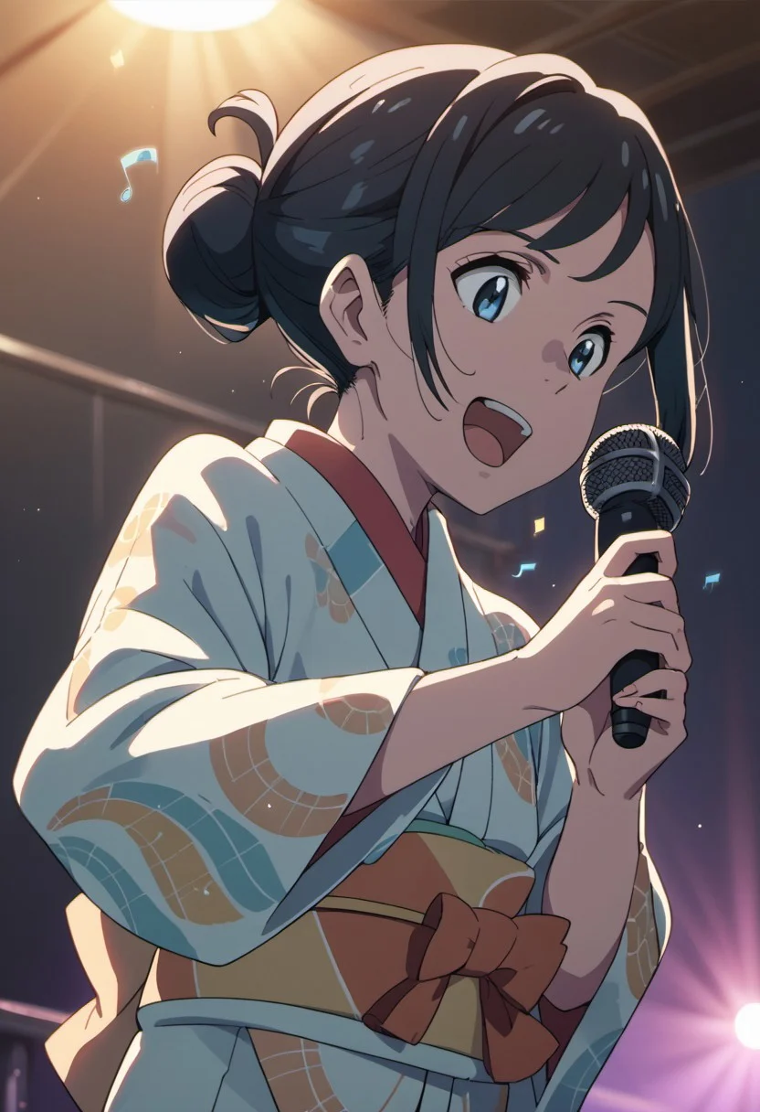 score_9, score_8_up, score_7_up, source_anime,amano hina, black hair, blue eyes, 1girl, solo, microphone, music, singing, open mouth, hair bun, single hair bun, japanese clothes, anime coloring