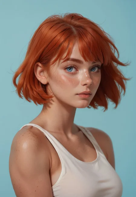 1girl, simple blue background, freckles, redhead, short hair, bangs, blue eyes, 

tank top, 

upper body, 

score_8, score_9_up,