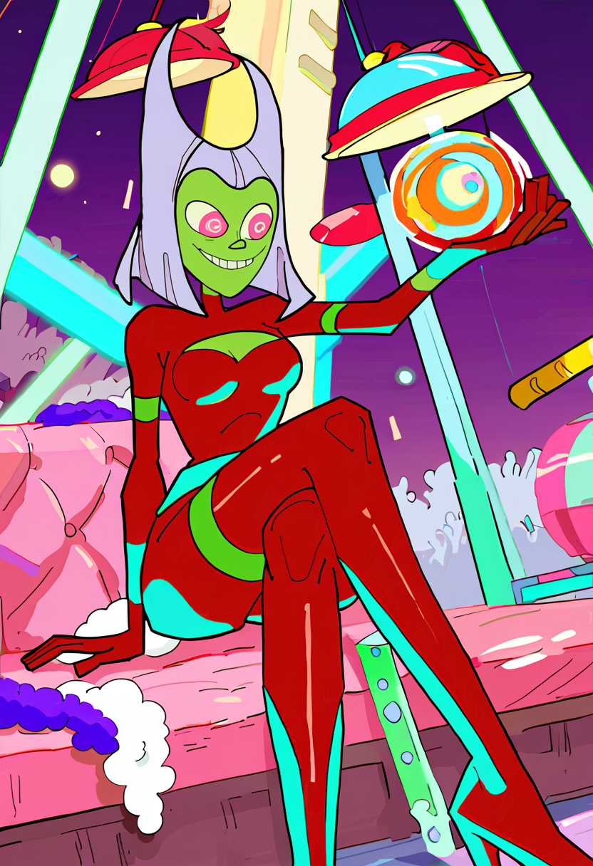 <lora:TwelveForever_ButtWitch_Pony:1.0>, butt witch \(regular\), crossed legs, ringed eyes, twelve forever, 1girl, solo, colored skin, red bodysuit, spring, masterpiece, best quality, score_9, score_8_up, score_7_up