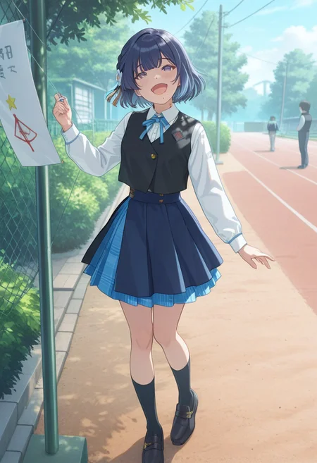 masterpiece, best quality, amazing quality, very aesthetic, high resolution, ultra-detailed, absurdres,  mizusu765pro, mole under mouth, short hair, purple eyes, single braid, hair ornament, blue hair, hair flower, misuzucasual, long sleeves, white shirt, blue skirt, school uniform, pleated skirt, neck ribbon, black socks, black footwear, blue ribbon, black vest, loafers, outdoors, flying a kite, laughing, joy, happy,