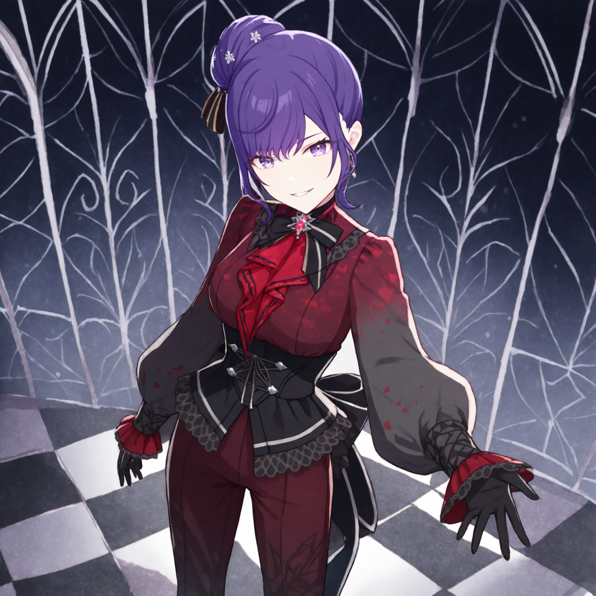 masterpiece, high score, great score, absurdres, watercolor \(medium\),
1girl, asaniha mafuyu, project sekai, solo,
icyrose, purple hair, purple small eyes, bangs, single hair bun, sidelocks, from above, portrait,
(looking at viewer:1.4), evil grin, standing, contrapposto, reaching towards viewer, four fingers and thumb, BREAK
long sleeves, black gloves, red pants, red ascot, red shirt, black corset, puffy long sleeves, breasts, official alternate costume, puffy sleeves, bow,
night, gothic room, gothic sofa, black sofa, front angle, gothic, black and white window, chessboard floor, black interior,
<lora:xl40-25-IcyRoseLady02:0.6>