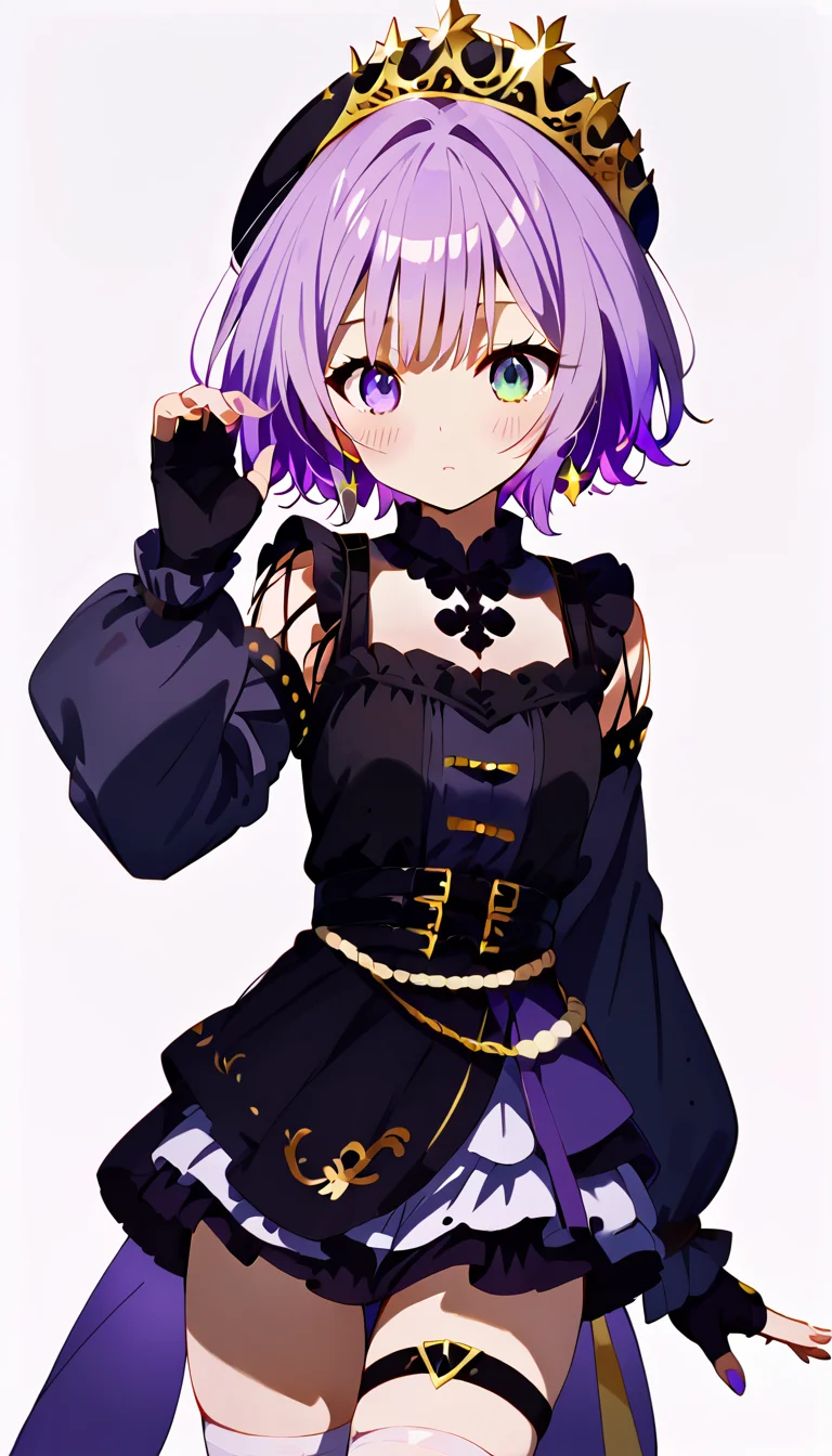 score_8_up,score_7_up,score_6_up,score_9,score_8_up,score_7,masterpiece,best quality,source_anime,blush,<lora:pony卿¼«ç»é£äºAmaiAnimePony:0.8>,<lora:Expressive_H:1>, <lora:Pony_Loné
±ç¬¬äºå¥:0.8>,1girl,short hair,purple eyes, purple hair,black dress,dress,long sleeves,bangs,black headwear,hat,heterochromia,white thighhighs,multicolored hair,thigh strap,detached sleeves,gloves,jewelry,black gloves,earrings,fingerless gloves,frills,puffy long sleeves,beret,black footwear,crown,gradient hair,((white background)), cowboy shot,
