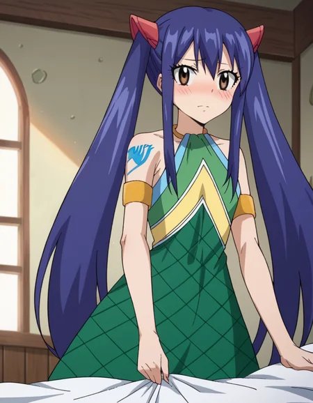 score_9, score_8_up, score_7_up, source_anime,
wendymarvell, <lora:wendy-marvell-s7-ponyxl-lora-nochekaiser:1>
wendy marvell, long hair, hair ornament, twintails, brown eyes, blue hair,
bare shoulders, tattoo, armlet, dress, green dress,
indoors, bed, bed room, on side, blush, drunk,
looking at viewer, dutch angle, cowboy shot