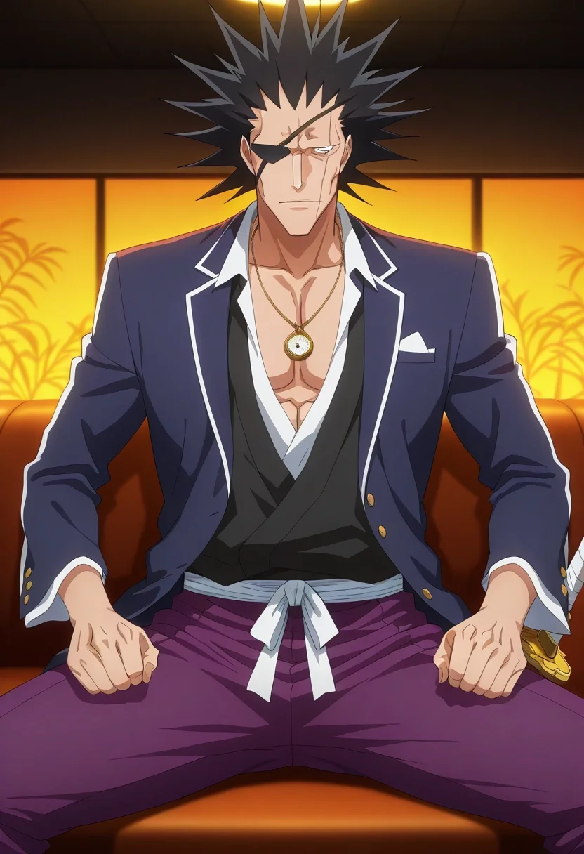 masterpiece, best quality, , anime screencap, anime coloring, official style, , , 1boy, solo, male focus, <lora:kenpachi_zaraki_ilxl:1>, kenpachi_zaraki, black hair, black eyes, spiked hair, japanese clothes, eyepatch, sword, cyber cafe, holo-screens, data chairs, neon tables, relaxing pose, casual expression, ambient lighting, Lavender Track pants with side stripes, Emerald Striated Blazer, , , Pendant watch and