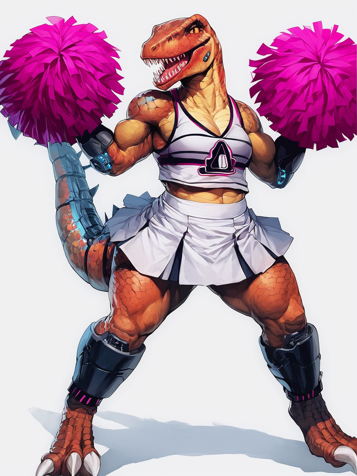 score_9, score_8_up, score_8,source_furry,
<1girl:1.5>,
<solo:1.5>,
anthro,
cheerleader, claws, furry, glowing, monster, open mouth, realistic, riptor_ki, scales, sharp teeth, simple background, solo, teeth, 
standing,
bipedal,
pom poms,
cheerleading,
big tits,
muscular,
muscular female,
panties,
skirt,
white skirt,
thick thighs,
tail,
dinoussaur tail,
robotic tail,
happy,
smile,
cybernetics,
<simple background:1.5>,
<white background:1.5>,
raptor,
cyber-raptor,
looking at viewer,
seductive,
clever,
 <lora:Riptor_KI3:1> riptor_ki ,
<lora:90s4n1m3XLP:1> 90s4n1m3, crouch,
crouching,
twerking,
frontal shot