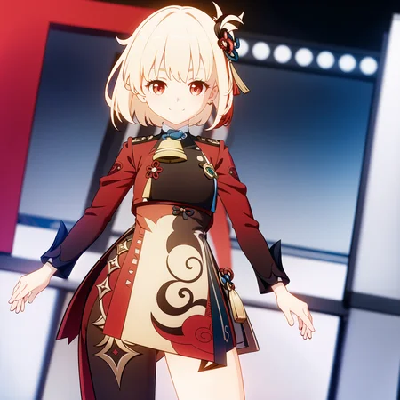 masterpiece, best quality, 1girl, solo, dynamic pose, simple background, tachi-e, full body, red_jacket, ribbon, red_eyes,blond hair,short hair,hair_ribbon,smile,  <lora:lycorisRecoil_chisatoV10:0.6>, dynamic angle,
<lora:genshin-char-model:1>, genshin,