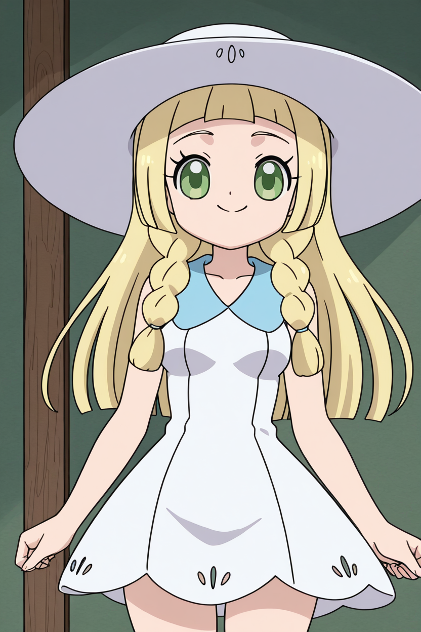 masterpiece, best quality, medium breasts, (curvy),  ,,, BREAK, zzLillie, long hair, braid, sun hat, white headwear, collarbone, sleeveless dress, white dress, <lora:LilliePokemonIXL:1.0>,BREAK,  smile, looking at viewer, cowboy shot,    ,<lora:Himitsu_no_Cocotama_IXL:1.0>,
