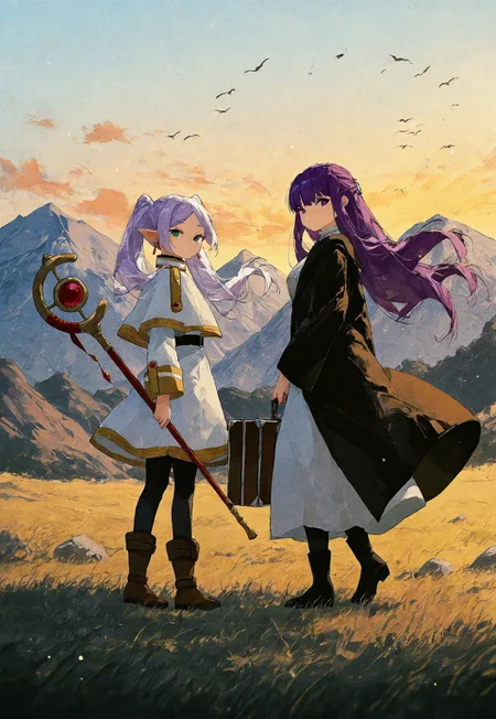 (potg \(piotegu\):1.2), film grain, shengkai167, sousou no frieren, fern \(sousou no frieren\), frieren, 2025, 2girls, aged down, artist name, belt, bird, black belt, black coat, black footwear, black pantyhose, blue sky, boots, boulder, brown footwear, capelet, cloud, coat, elf, evening, floating hair, flock, from side, gold trim, gradient sky, grass, holding, holding staff, holding suitcase, long coat, long hair, long pointy ears, looking ahead, looking at viewer, looking to the side, mountainous horizon, multiple girls, no mouth, orange sky, outdoors, pantyhose, pointy ears, purple hair, scenery, short hair, sideways glance, skirt, skirt set, sky, staff, suitcase, twintails, white capelet, white hair, white skirt, wide shot, mountain, oriental, light particles,