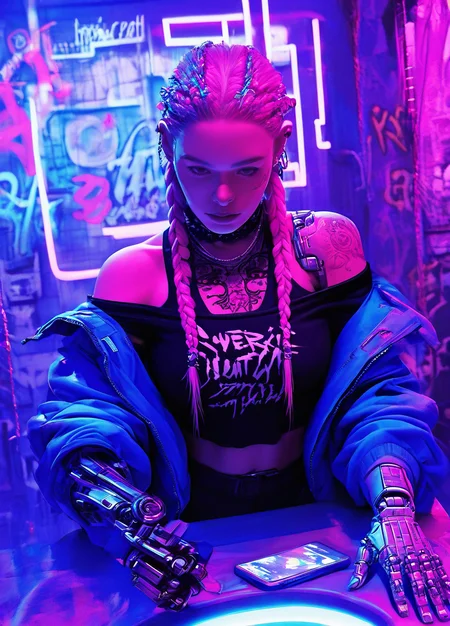 realistic,
masterpiece, best quality, amazing quality, highres, absurdres, very aesthetic, very awa,expert shading, ultra detailed, UHD, 8K,
BREAK,
N3onSp3ctra,realism, N3onSp3ctra, 1girl, solo, tattoo, pink hair, twin braids, braid, holding, phone, mirror, cyberpunk, graffiti, indoors, punk outfit, prosthetic arm, one mechanical arm, jacket off-shoulder, yellow. <lora:NeonSpectra-000008:0.85>