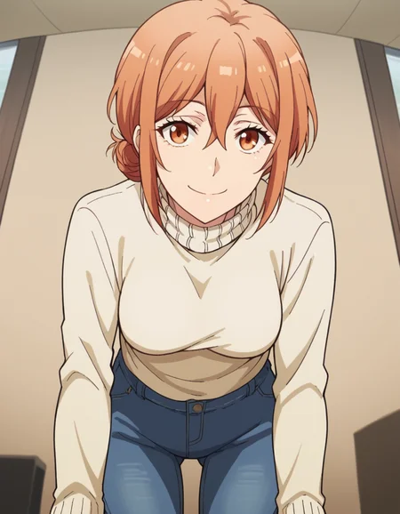 score_9, score_8_up, score_7_up, source_anime,
yuigahamama, <lora:mother-yuigahama-s2s3-ponyxl-lora-nochekaiser:1>,
yuigahamama, hair bun, mature female, orange eyes, orange hair, short hair, single hair bun, hair between eyes, sidelocks,
denim, jeans, pants, sweater, turtleneck, turtleneck sweater, white sweater,
indoors, bent over, smile,
looking at viewer, cowboy shot, dutch angle, solo,