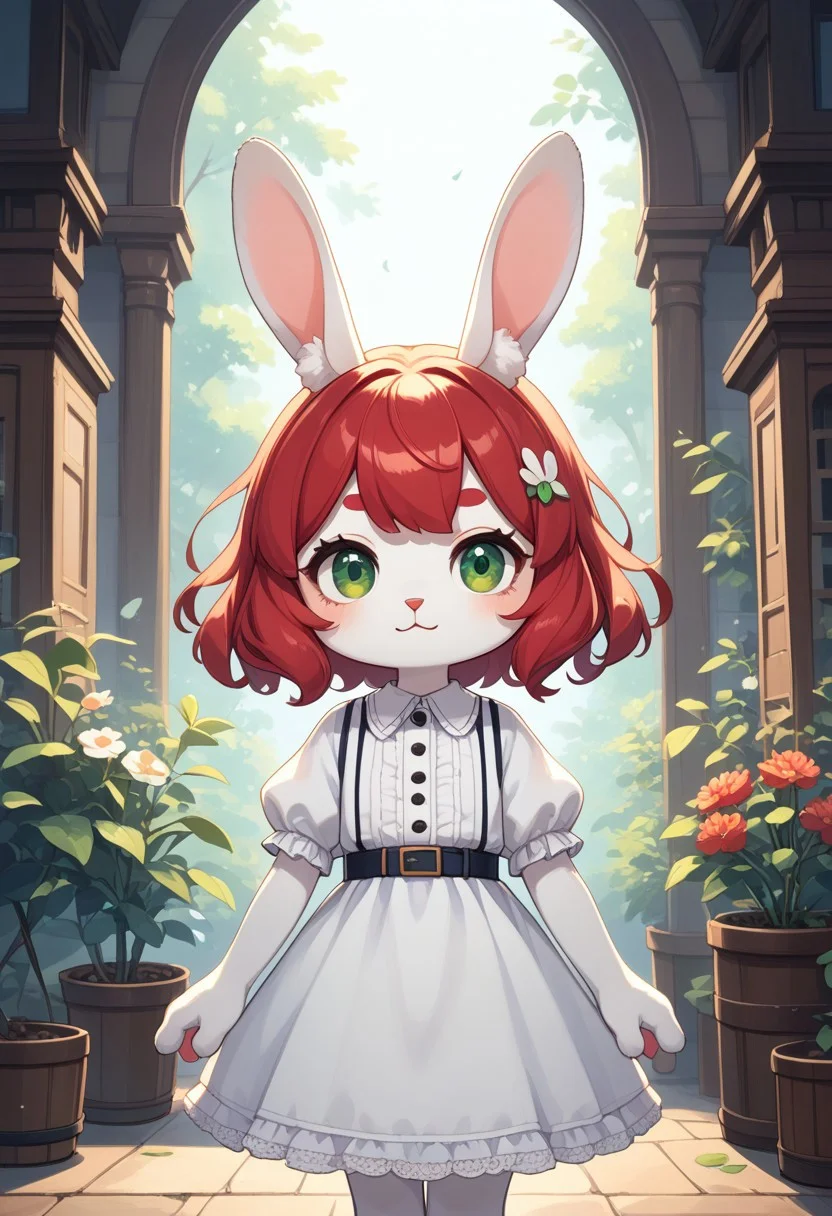 score_9, score_8_up, score_8,
rabbit woman,furry,red hair,white rabbit ear,solo,add detailed eyes,green eyes,dress,acArtstyle