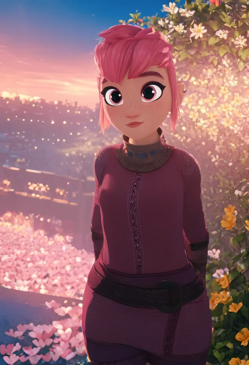 (masterpiece), 8k, best quality, ultra-detailed, (high res), cinematic lighting, beautiful lighting, high quality, studio quality, detailed, insanely detailed, extreme detail, refined detail, perfect detail, max detail, smooth lighting, detailed background, hyper detailed body, beautiful lighting, vibrant lighting, global illumination, absurdres, high-res, dynamic lighting, score_9, score_8_up, score_7_up, score_6_up, score_5_up, score_4_up, ponypositive, 1girl, solo, solo focus, (narrow waist, skinny, small body, slim), looking at viewer, (3/4 view), (outdoors, flower garden), bright lighting, daylight, sunshine, cute, kawaii, gleaming eyes, big eyes, (closed mouth), happy, standing, alone, Expressiveh, (hands by sides), (rating_safe, sfw), 1girl, Solo, NimonaXL, pink eyes, pink hair, short hair, makeup, denim pants, black belt, (pink shirt, long sleeve shirt), (black leather jacket, open jacket), (black boots), Blue sky, clouds, (alternative clothes)